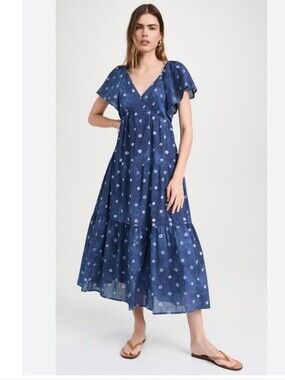 Madewell Dress Shibori Print Blue Tiered Midi  Ruffle Shoulders